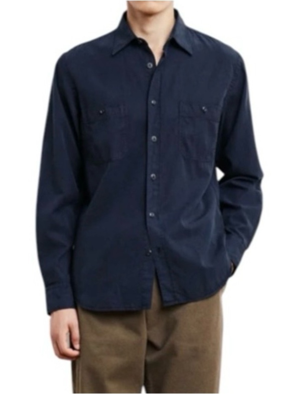Hartford Two Pocket Pat Shirt Navy Blue Tercel Cotton Linen Large NWT